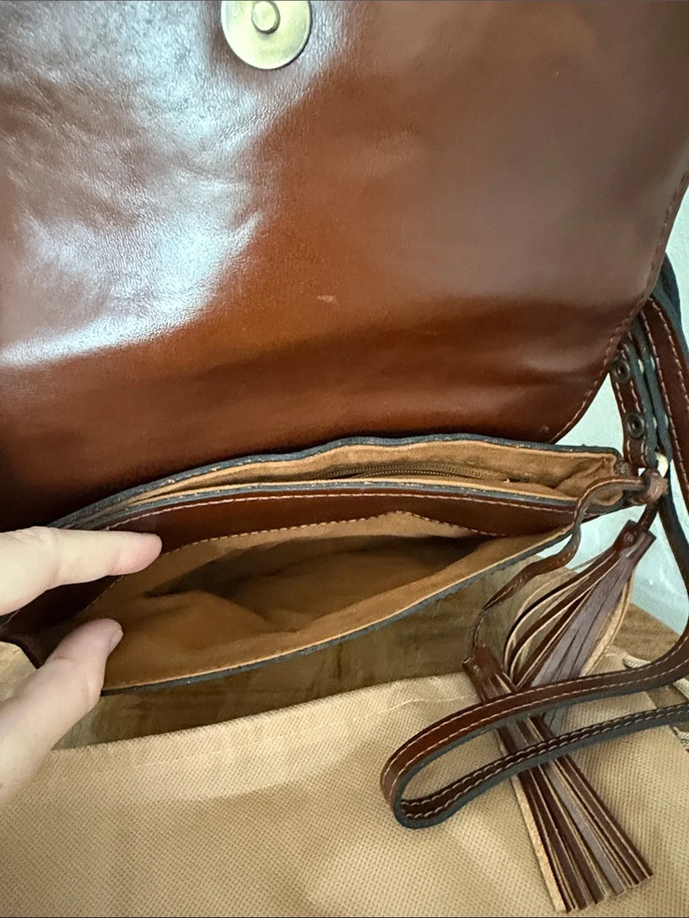 Patricia Nash Chestnut Brown Leather Messenger Bag with Tassel
